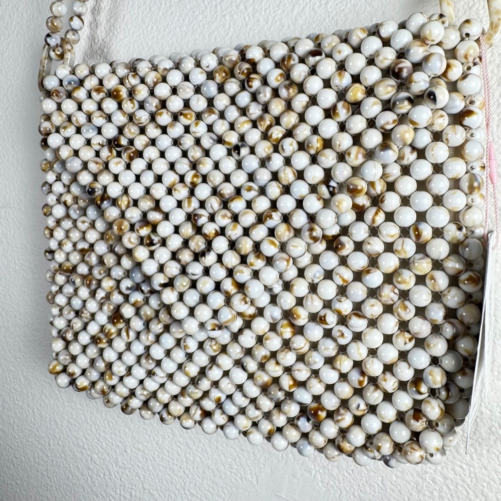 Anthropologie Rachel Ashwell Beaded Shoulder Bag Marbled Cream Brown Shabby NWT